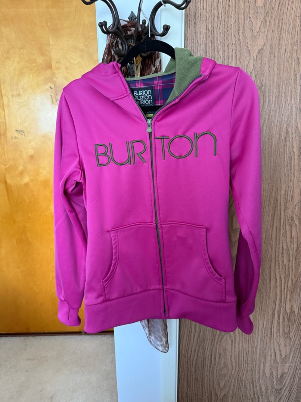 Burton Hot Pink Zip-Up Hooded Jacket with Olive Trim